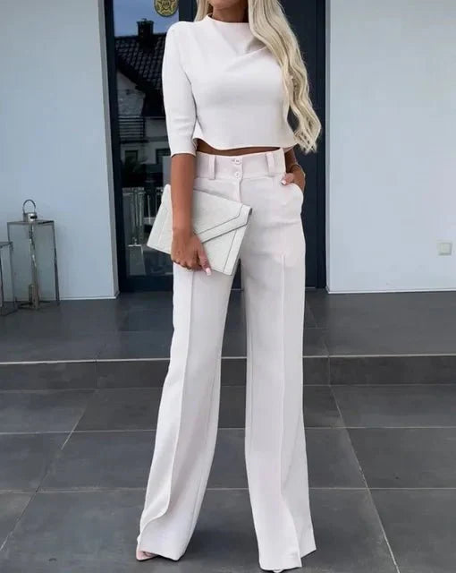 Close-up of the rib-knit texture on the stylish cropped top and wide-leg pants women's set.