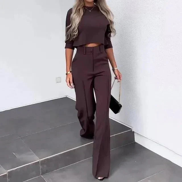 Versatile women's apparel: a rib-knit cropped top and wide-leg pants set for casual yet chic style.