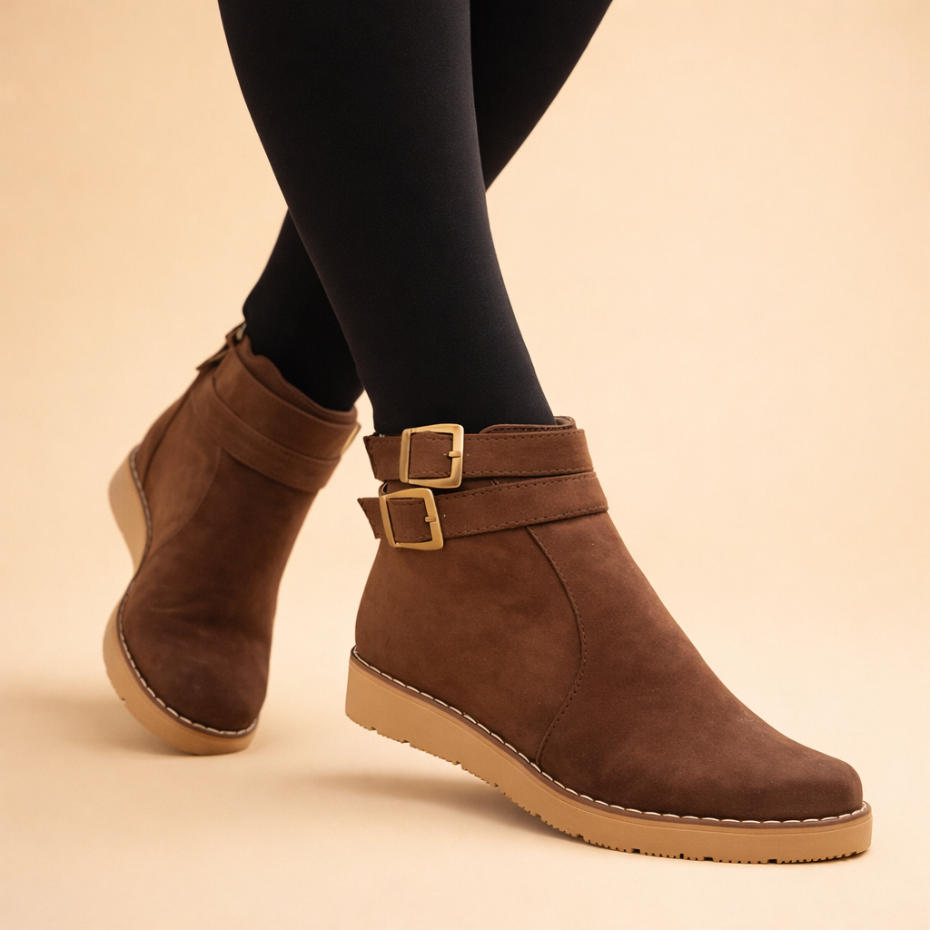 Women's stylish black ankle boots with a textured sole, perfect for a chic and structured winter look.