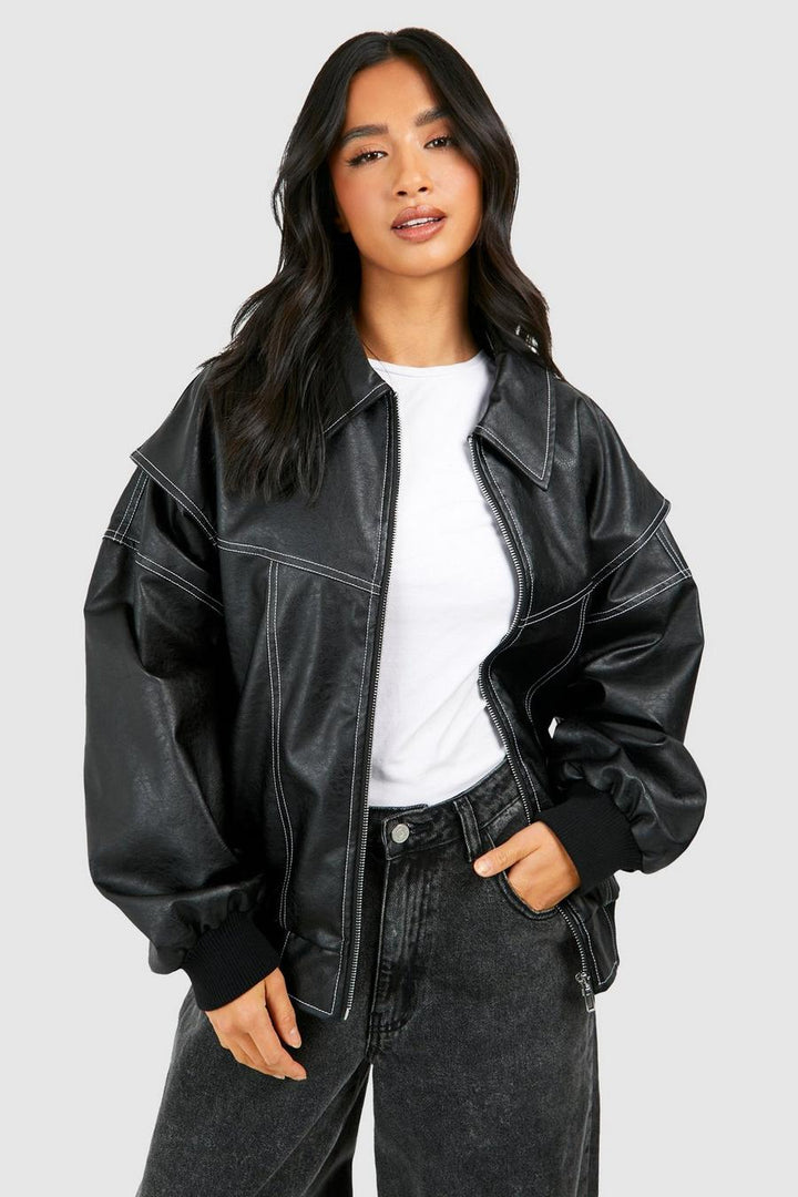 Women's classic black faux leather bomber jacket, front view, casual fall fashion outerwear