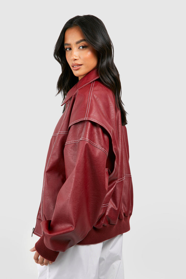 Back view of a classic faux leather bomber jacket for women, versatile outerwear