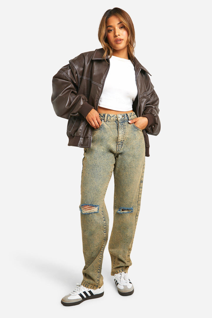 Casual outfit featuring a women's tan faux leather bomber jacket, comfortable fit