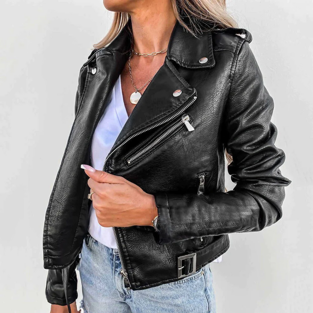 Fashionable women's moto jacket in black leather, featuring a stylish zipper and classic biker design.