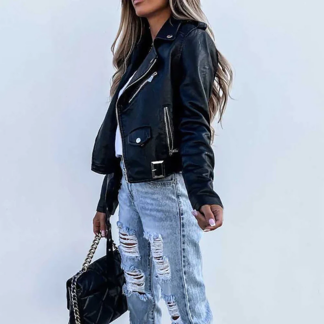 Sleek women's zipper jacket, a timeless black leather biker style for versatile outerwear fashion.