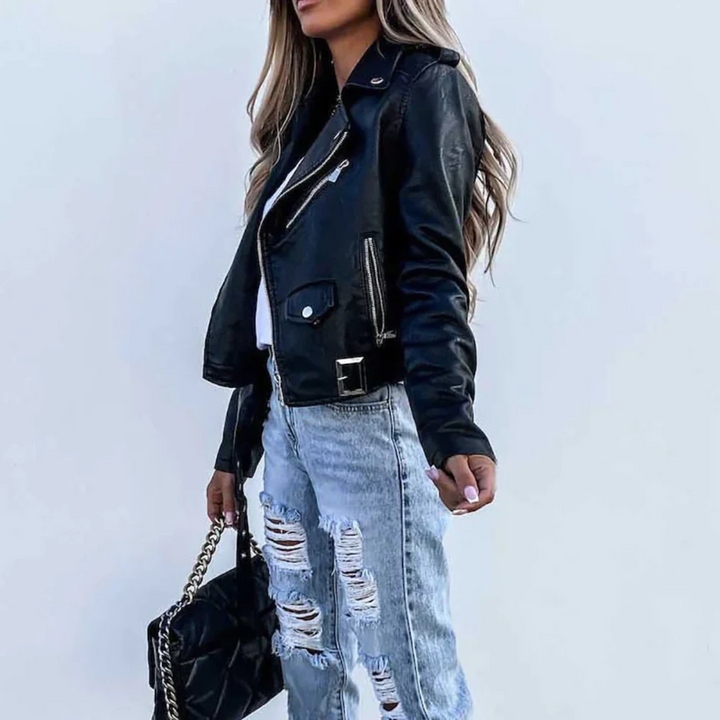 Sleek women's zipper jacket, a timeless black leather biker style for versatile outerwear fashion.