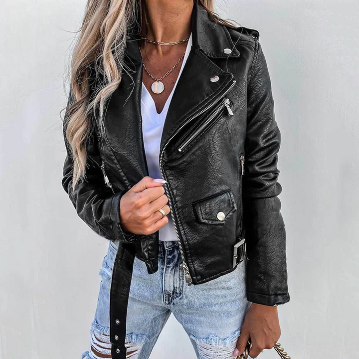 Casual women's leather biker jacket, black with a durable front zipper, ideal for everyday street look.