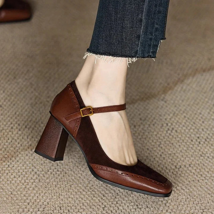 Comfortable women's leather pumps with ankle strap and square toe, perfect for formal office wear.