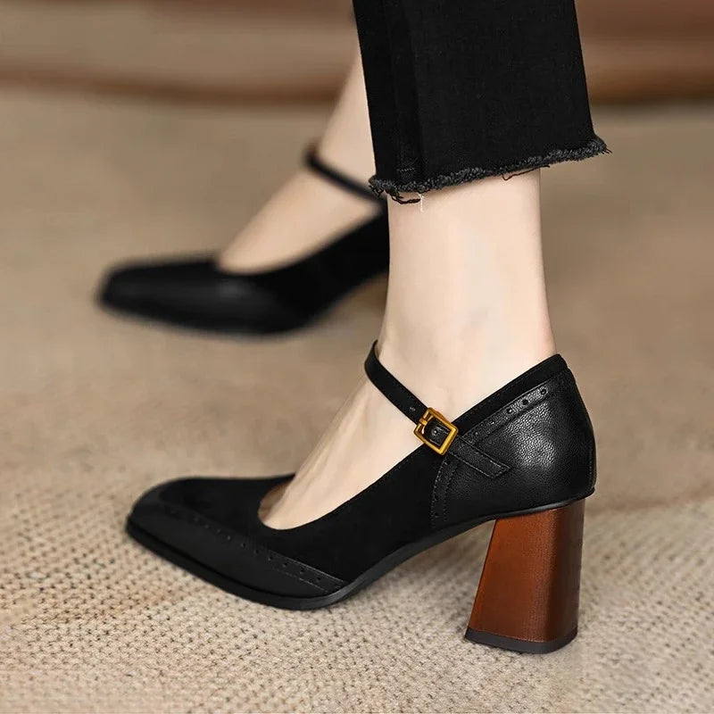 Women's comfortable leather pumps in a classic style with ankle strap, low heel, and square toe.