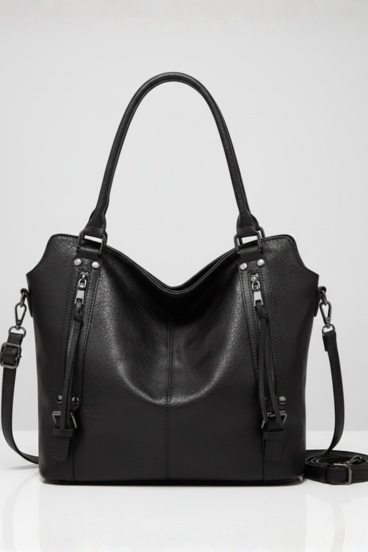Women's classic black tote bag with dual handles & zip closure, perfect for work or everyday use.