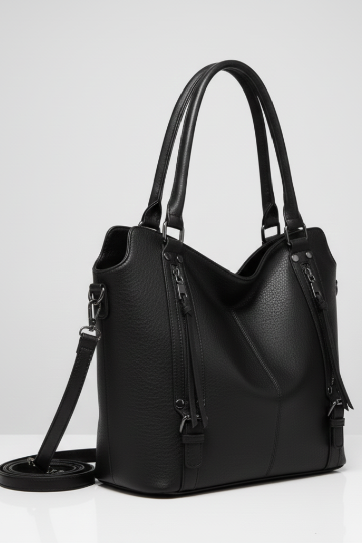 Structured black shoulder bag for women, featuring a secure zip closure and elegant design.