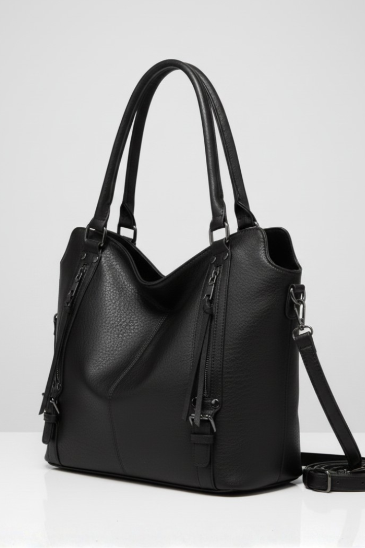 Fashionable women's tote bag in black, with sturdy dual handles and practical zip top for daily essentials.