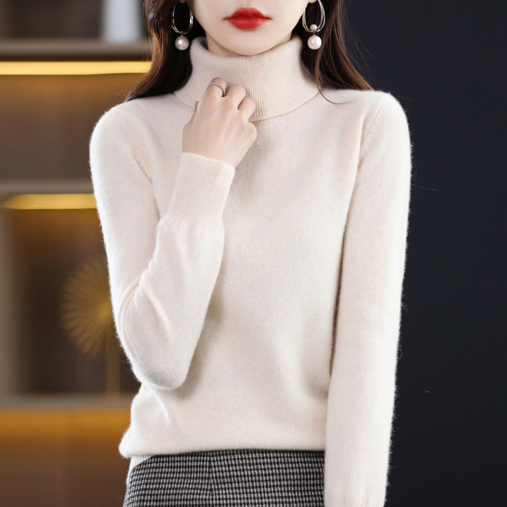 Studio shot of a women's fashionable brown knit turtleneck pullover, perfect for winter