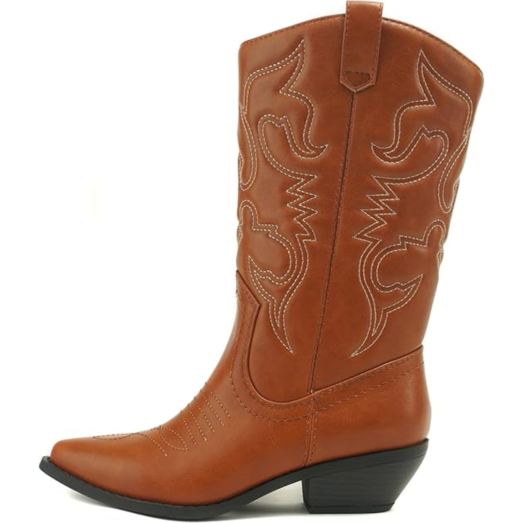 Women's classic brown faux leather cowboy boots with pointed toe and western stitching, mid-calf height