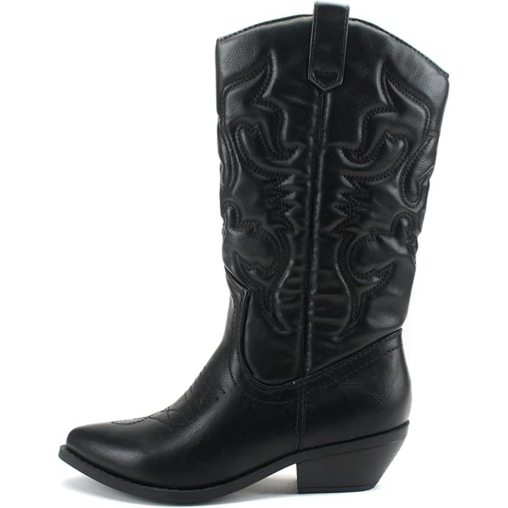 Stylish women's black cowboy boots, faux leather, mid-calf, featuring traditional western design and pointed toe