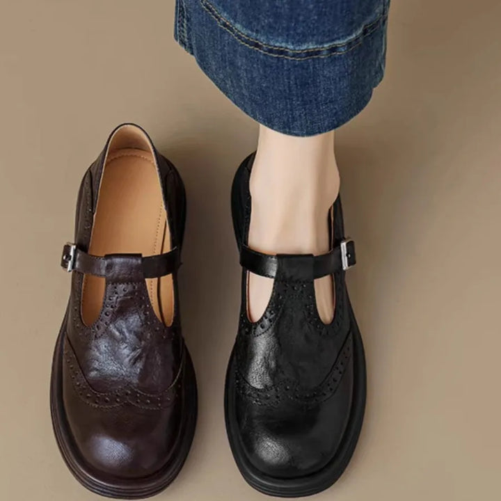 Women's classic brown leather T-strap flat shoes, comfortable for everyday wear