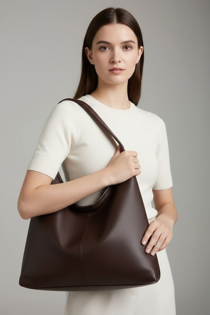 Beige faux leather women's tote bag, classic design, large capacity work bag, elegant fashion accessory.