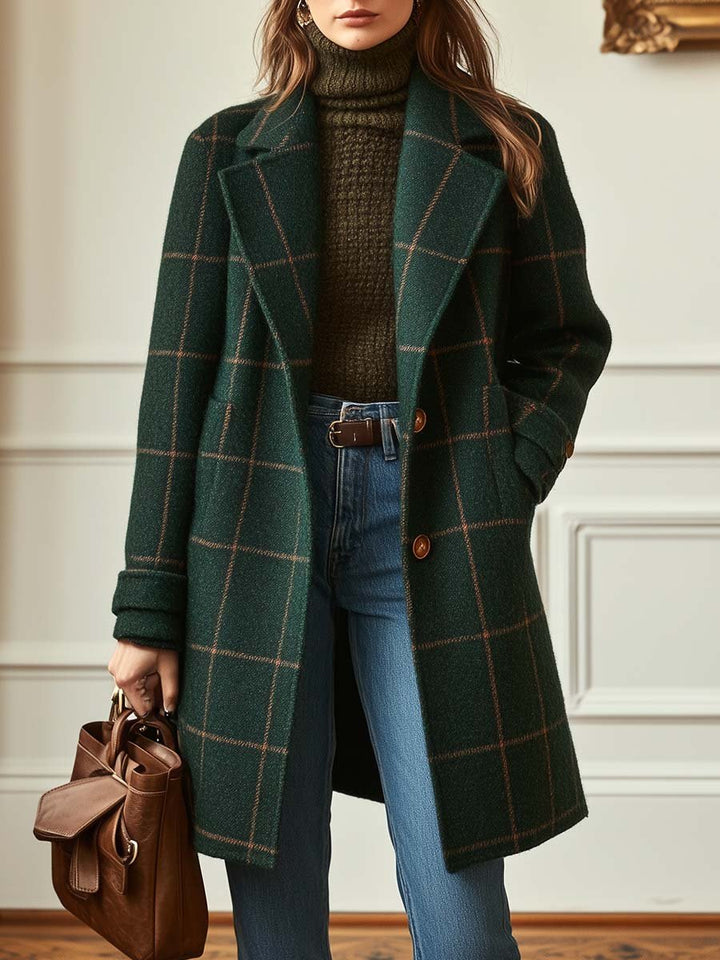 Women's classic green plaid wool blend long coat, perfect for elegant winter outerwear