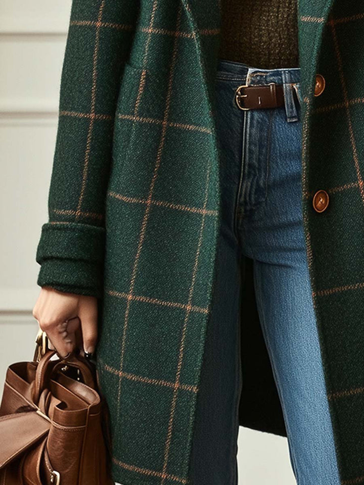 Elegant women's long wool blend coat featuring a sophisticated green plaid pattern