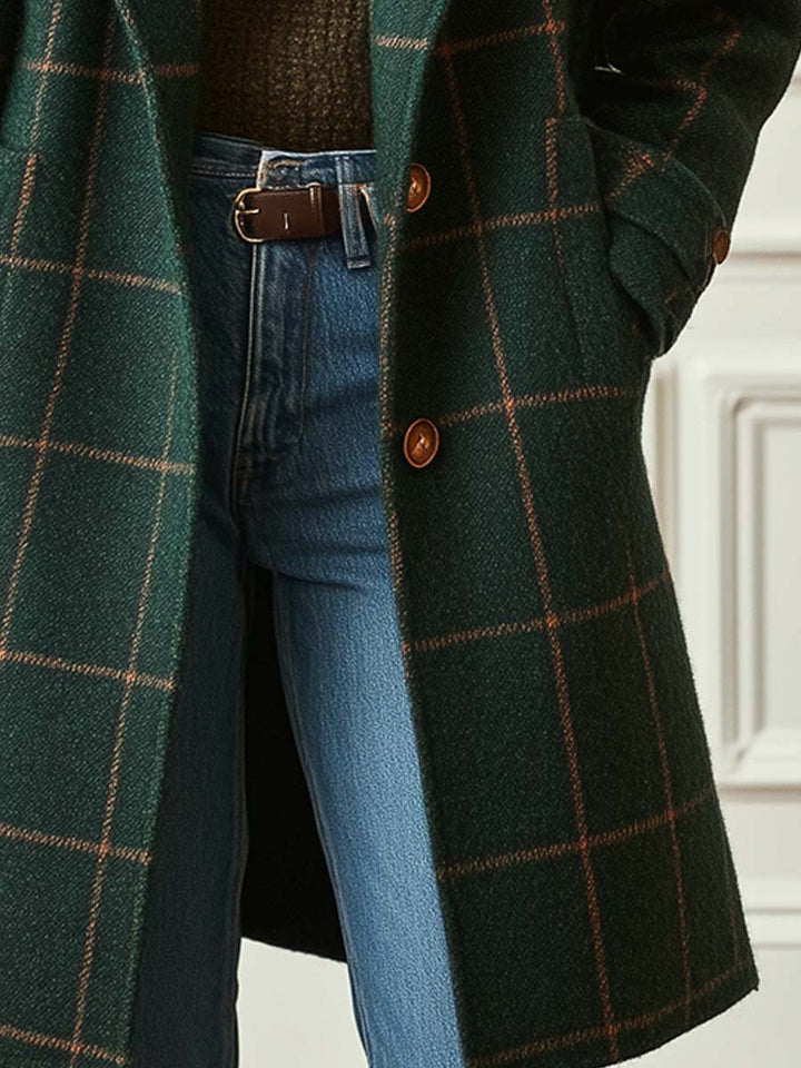 Classic green plaid winter coat for women, a warm and fashionable outerwear choice