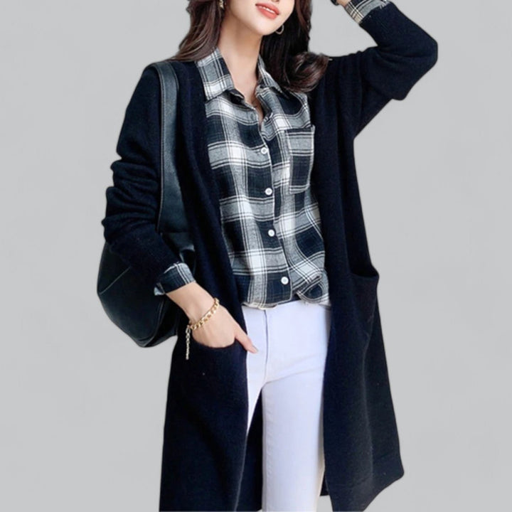 Soft knit long cardigan for women, a versatile piece for elegant, cozy casual chic.