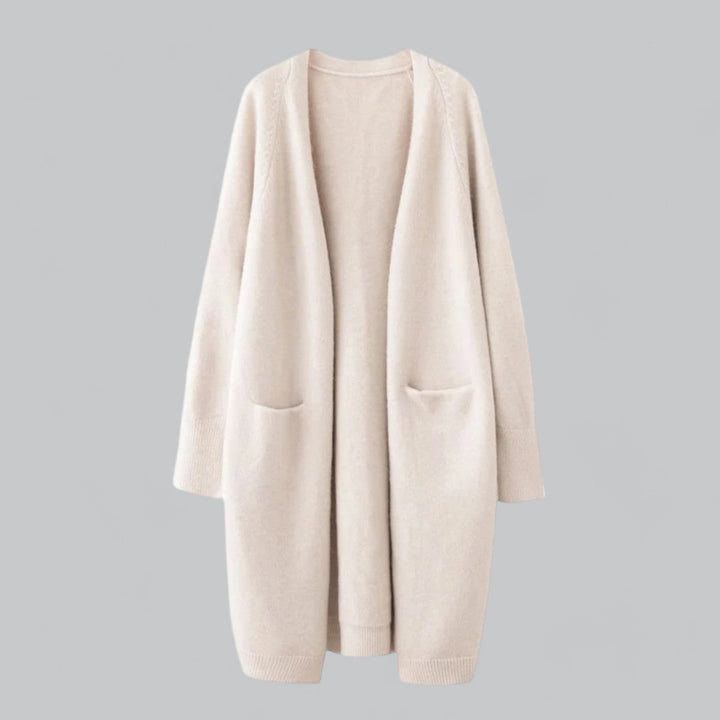 Cozy women's long knit cardigan, ideal for comfortable layering & versatile winter fashion.