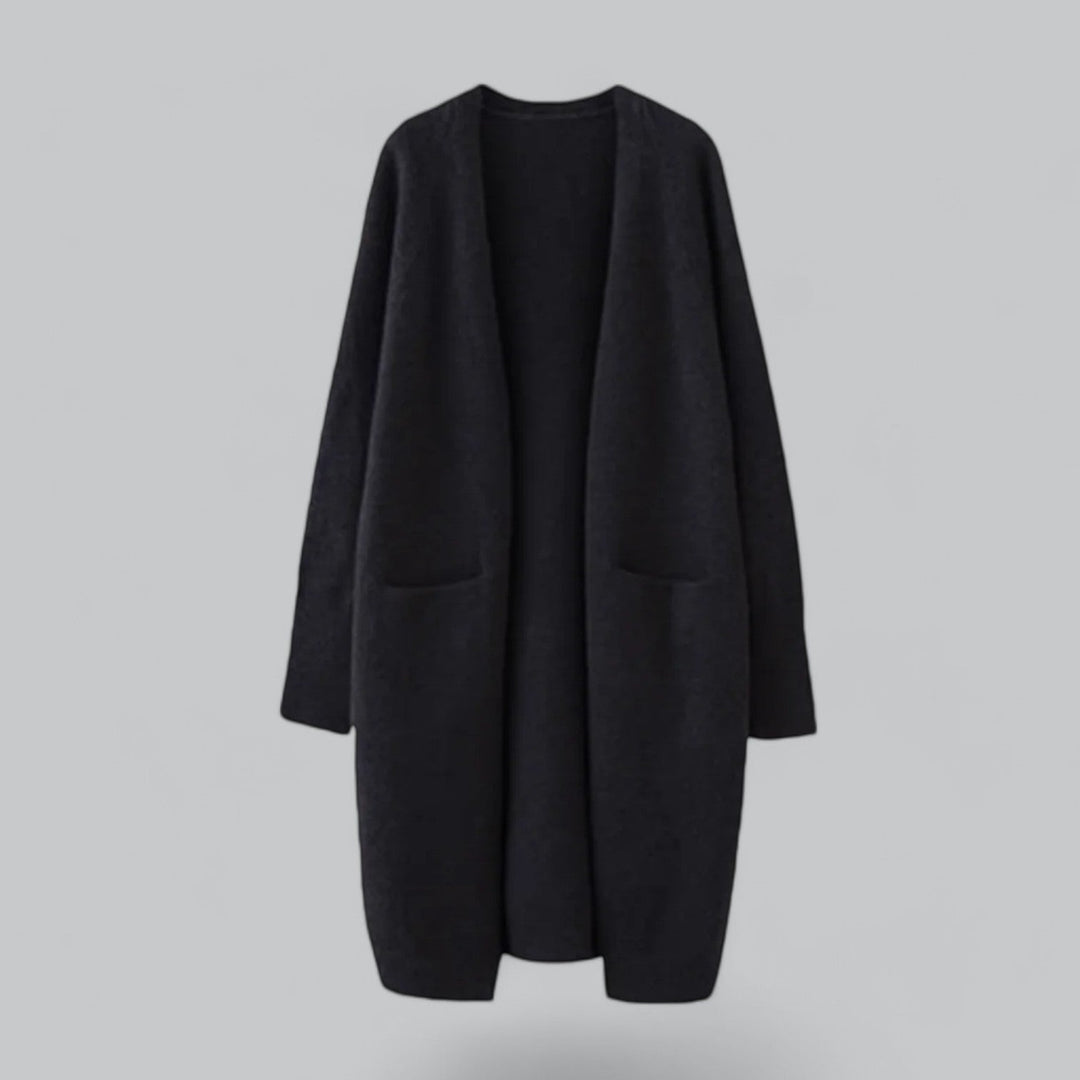 Classic one-size long knit cardigan for women, offering comfortable & versatile winter layering.