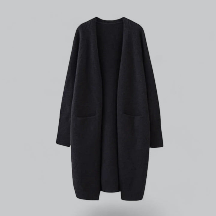 Classic one-size long knit cardigan for women, offering comfortable & versatile winter layering.