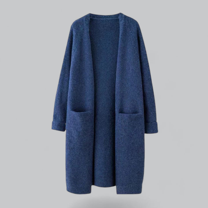Elegant women's long knit cardigan, a timeless classic for cozy comfort & casual chic style.