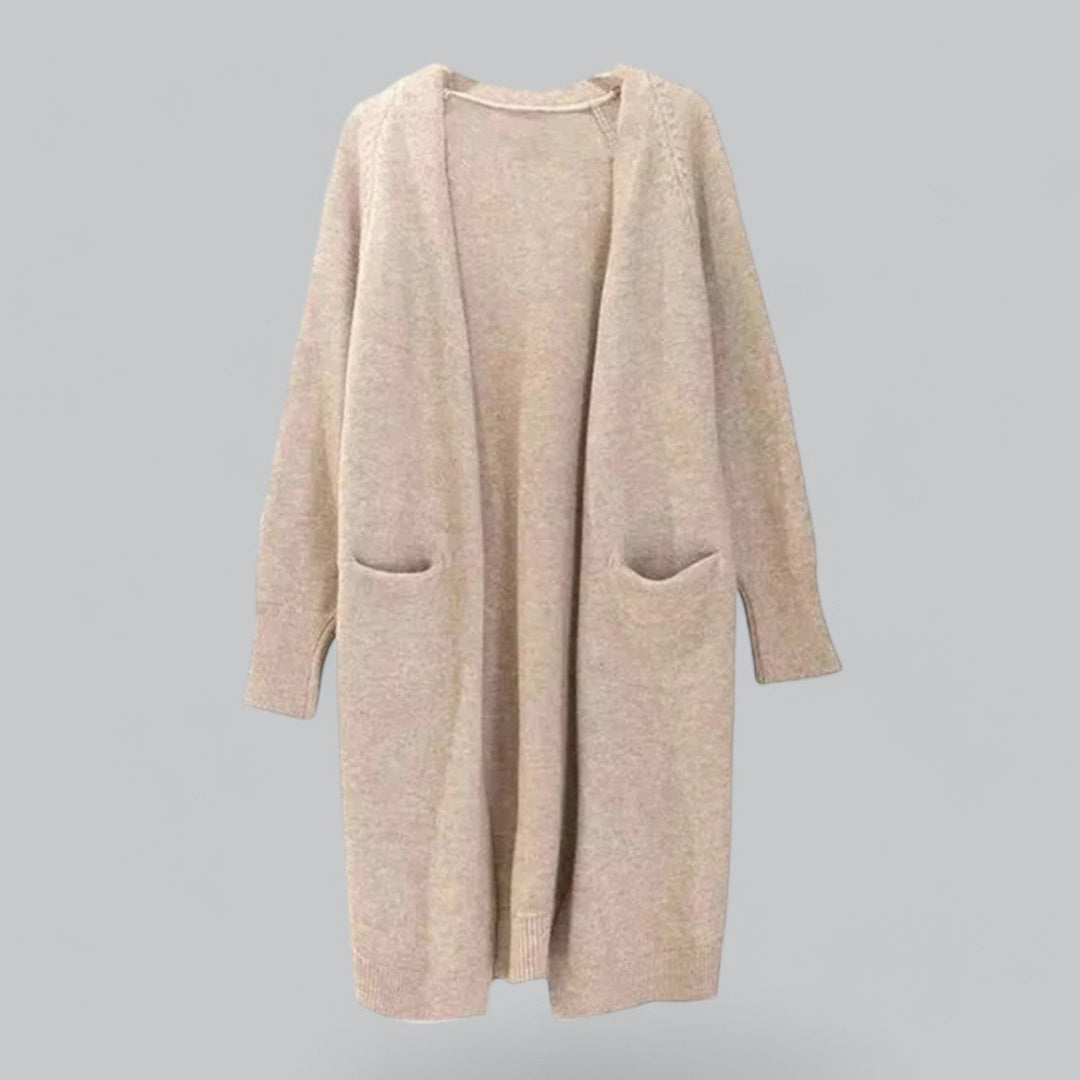 Warm & stylish women's long knit cardigan, perfect for cozy winter layering & everyday comfort.