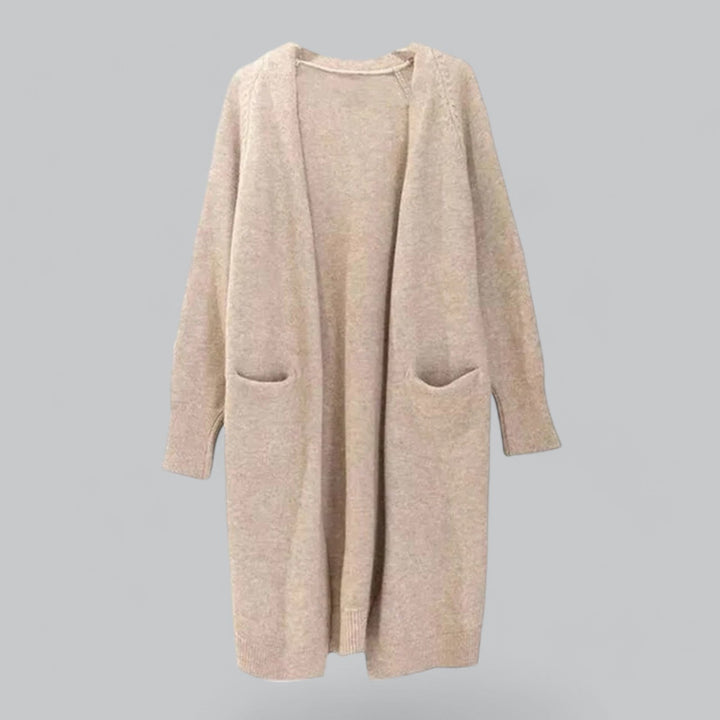 Warm & stylish women's long knit cardigan, perfect for cozy winter layering & everyday comfort.