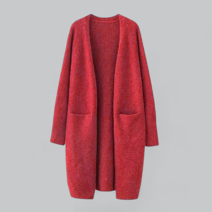 Versatile long knit cardigan for women, blending classic style with cozy comfort & elegant layering.