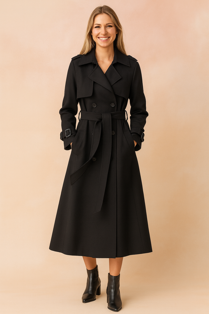 Women's classic long trench coat with belt & buckles. Elegant fall/spring outerwear for a timeless look.