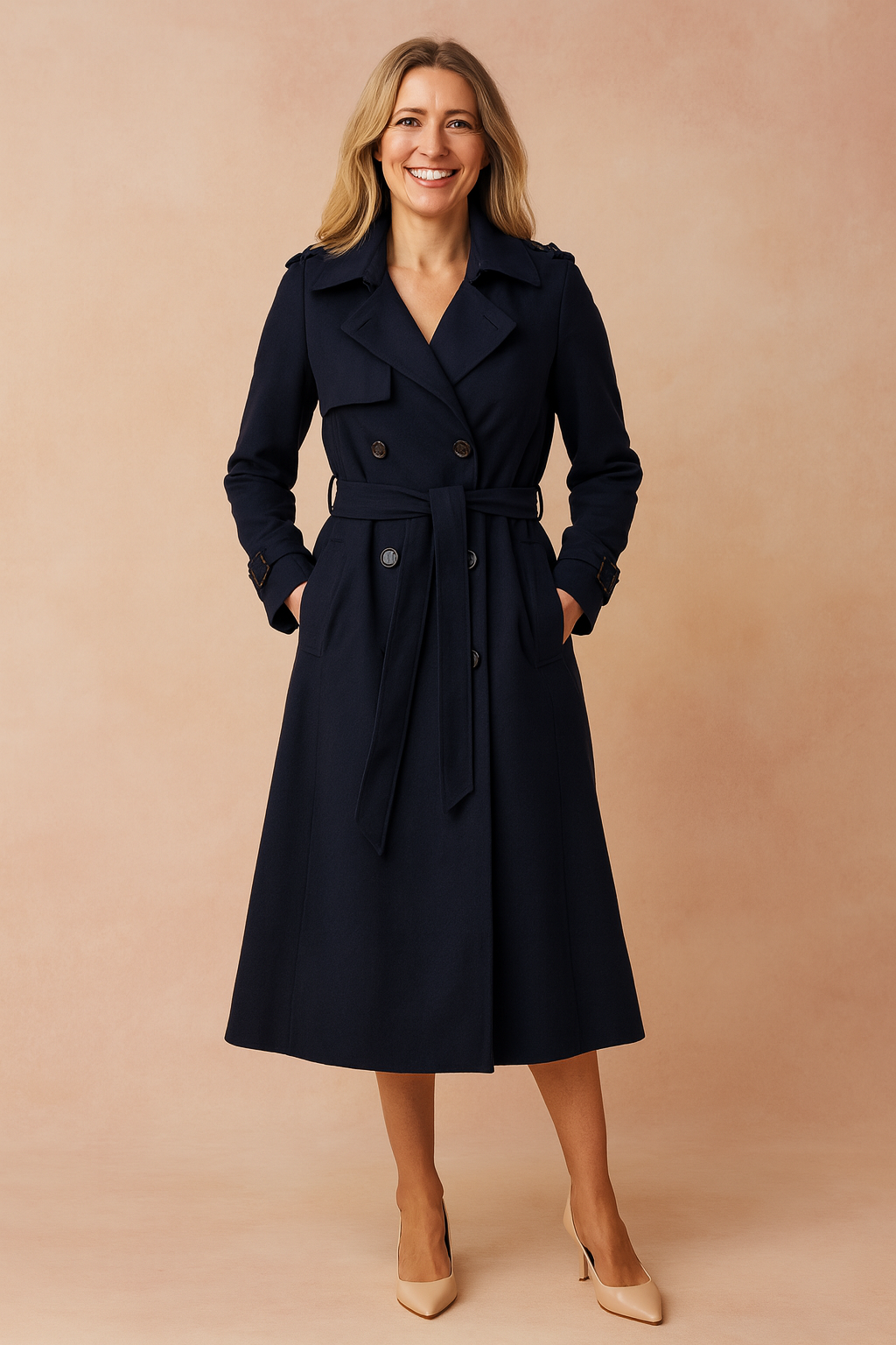 Versatile women's classic long trench coat, ideal for spring & fall. Belted outerwear with elegant buckle accents.