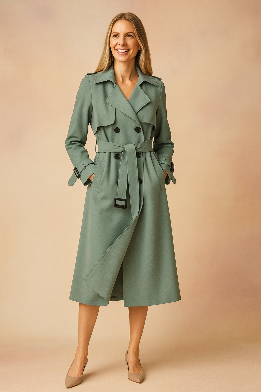 Full-length view: women's classic long trench coat, cinched with a belt for an elegant silhouette. Fall/spring essential.