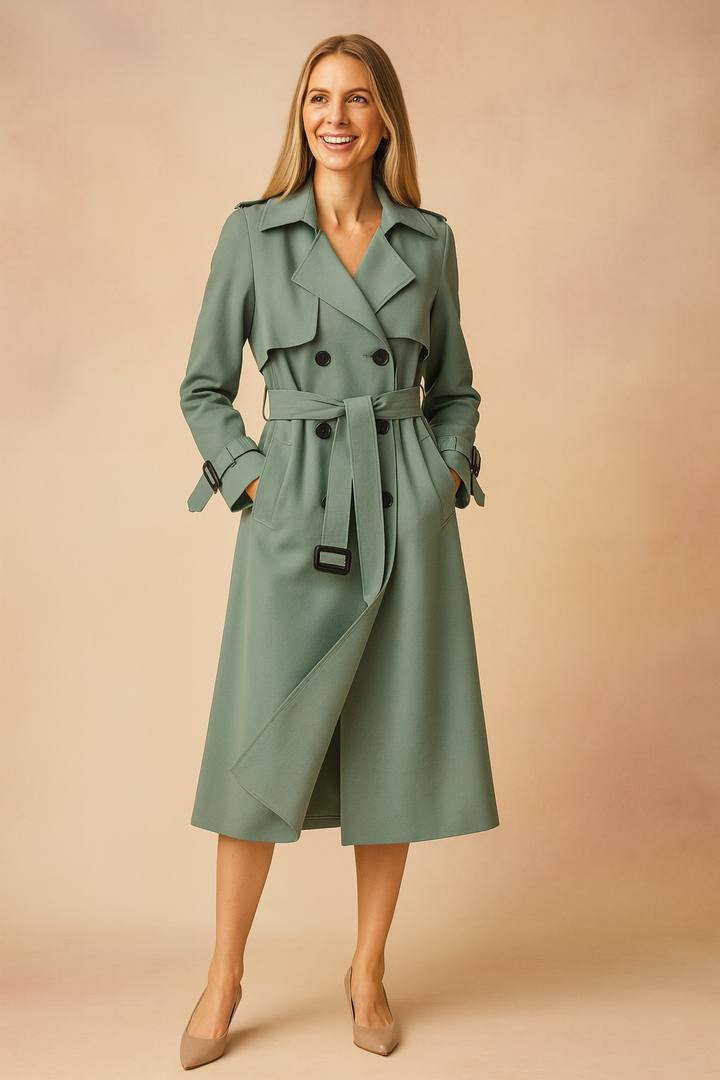 Full-length view: women's classic long trench coat, cinched with a belt for an elegant silhouette. Fall/spring essential.