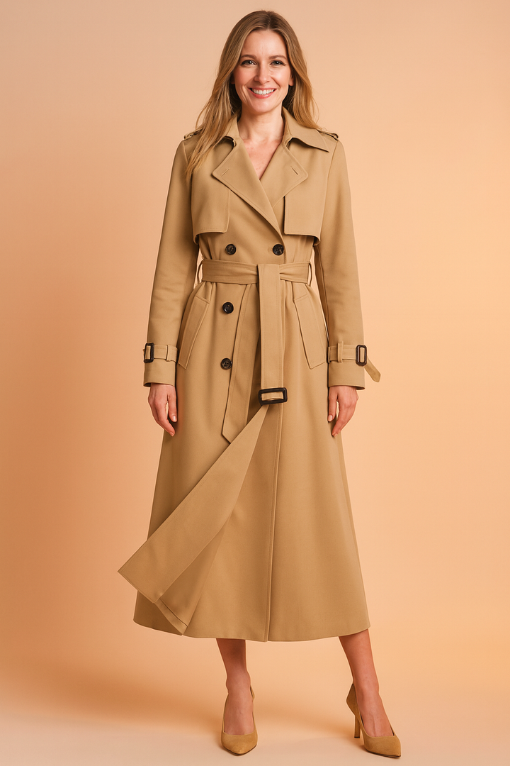 Chic women's long trench coat with classic styling. Features a secure belt & buckle details for a sophisticated look.