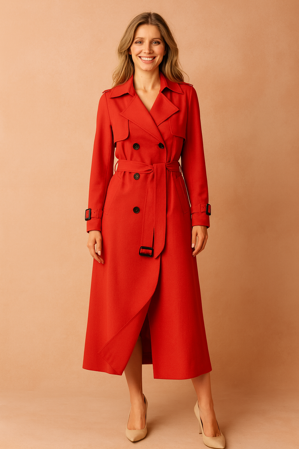 Fashionable women's classic long overcoat. This belted trench features buckle accents & is perfect for outerwear.