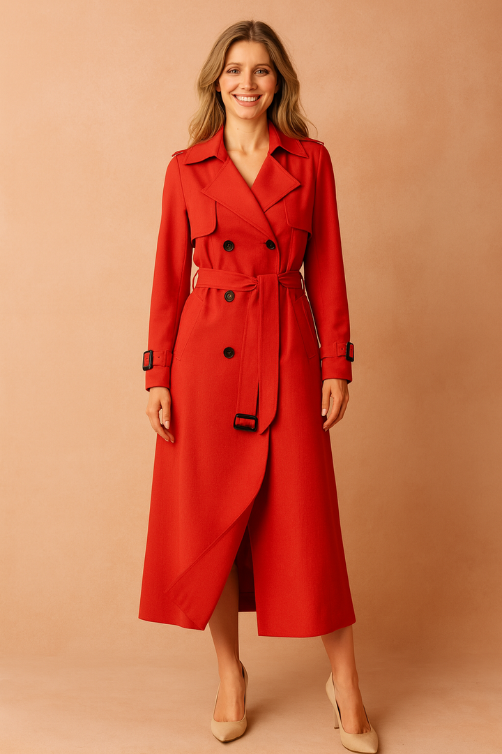 Fashionable women's classic long overcoat. This belted trench features buckle accents & is perfect for outerwear.