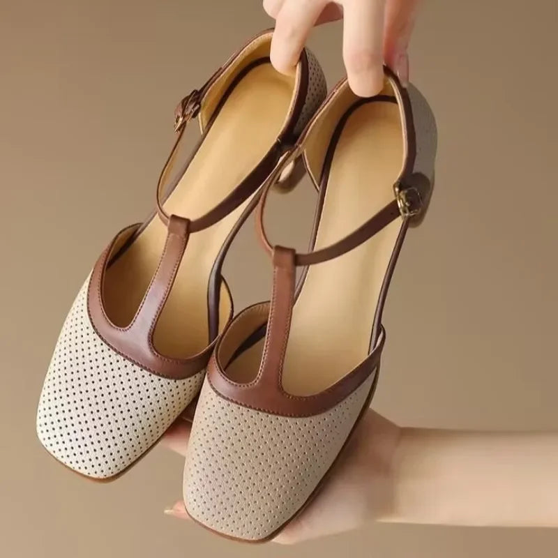 Stylish women's mid-heel t-strap shoes with perforated detailing and square toe