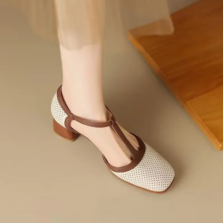Comfortable women's classic mid-heel dress shoes, featuring a unique t-strap