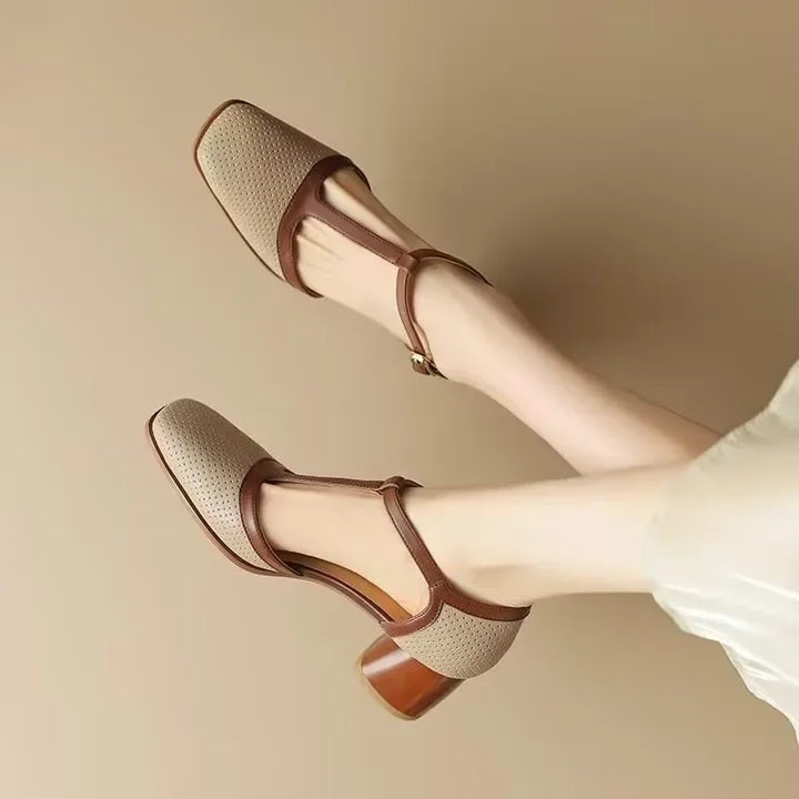 Women's CL-0695 mid-heel t-strap shoes, block heel for comfort and style