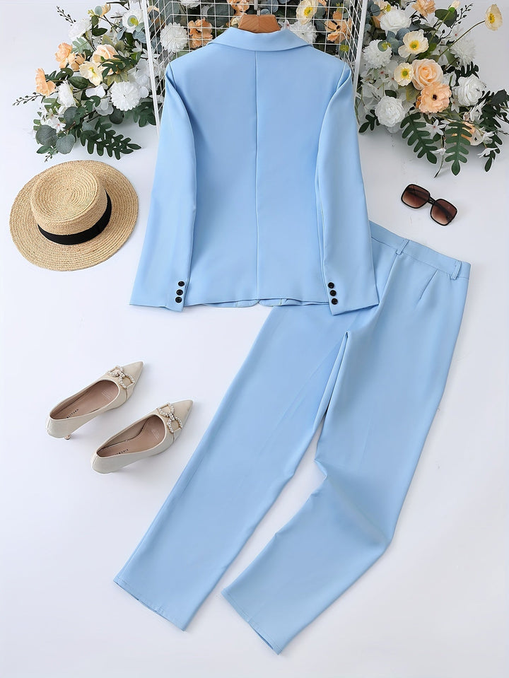 Stylish women's two-piece business attire featuring a classic notched lapel blazer