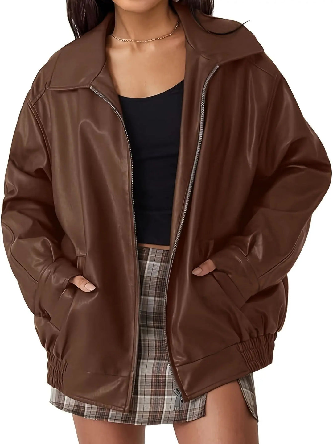 Women's classic oversized black faux leather bomber jacket, front view, casual streetwear style