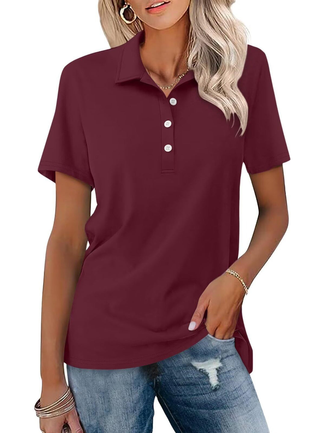 Classic women's short sleeve polo shirt, offering timeless comfort for effortless smart casual style.