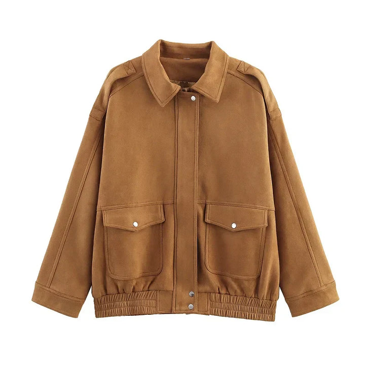 Stylish women's winter jacket with front pockets, offering a classic streetwear look and comfortable outerwear.