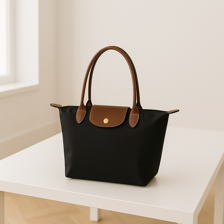 Women's classic two-tone black & brown structured leather-look tote bag, perfect as a stylish shoulder handbag.