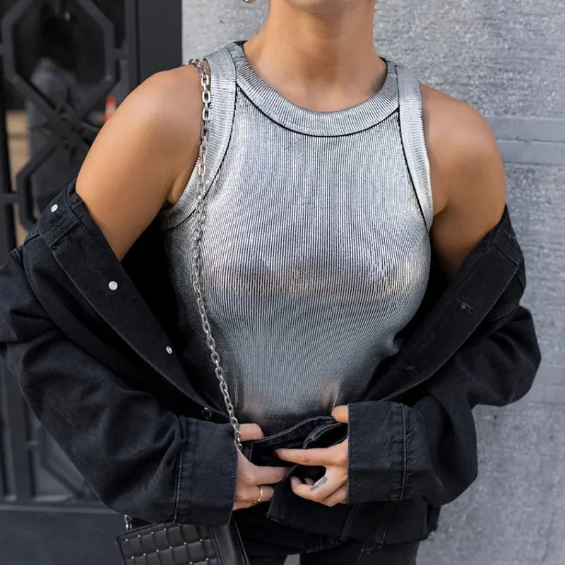 Close-up of women's sleeveless black polyester tank top, basic summer fashion