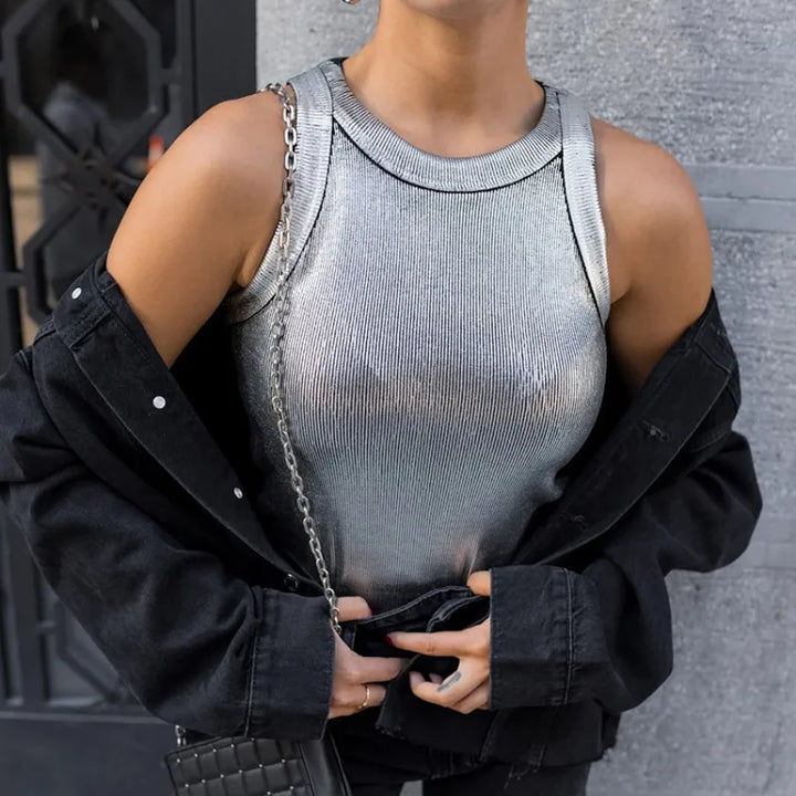 Close-up of women's sleeveless black polyester tank top, basic summer fashion