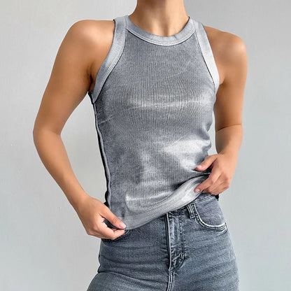 Back view of a plain grey women's polyester tank top, versatile basic summer fashion