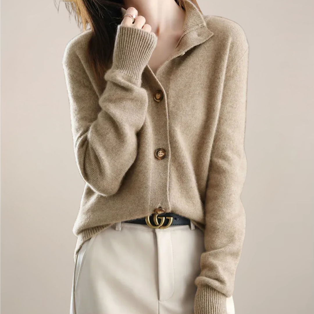 Women's collared button-front spring cardigan in a light knit, perfect for casual layering.